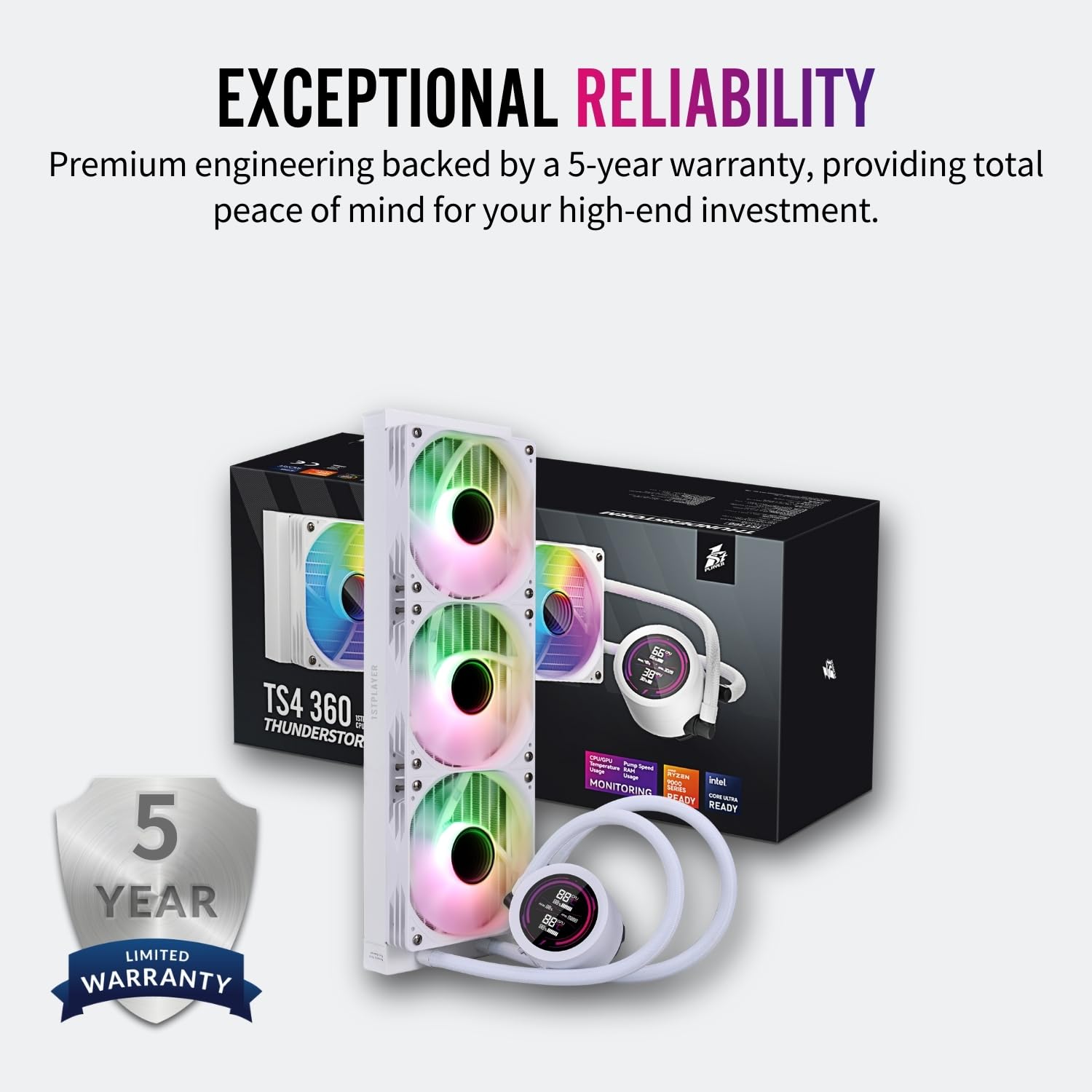 1ST PLAYER TS4 ARGB - Sistema di raffreddamento a liquido per CPU ARGB AIO, 360 mm, con display digitale, luce ARGB, 300 W TDP|PWM 3000 giri/min per AMD AM4/AM5, Intel LGA 115X/1200/1700/1851 (360 mm