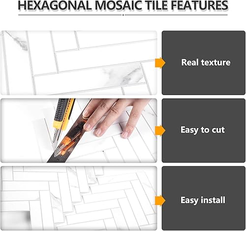 Miniatura 8 de Vamos Tile Azulejo autoadhesivo Statuario de PVC blanco para despegar y pegar, 10 hojas de azulejos autoadhesivos de PVC blanco para cocina, baño y