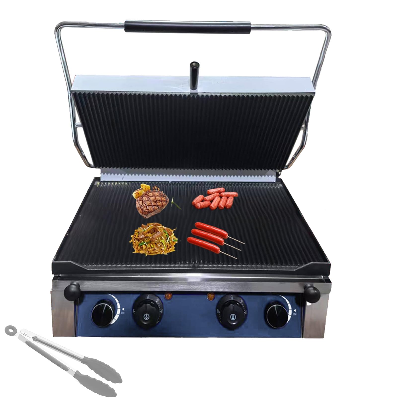 Profesjonalny Opiekacz Do Kanapek 3000 W, Grill Do Panini Ze Stali Nierdzewnej Z Pojedynczą GłOwicą,Dolna PłYta PłAska, Regulacja Temperatury 50-300°C ElectricHeating