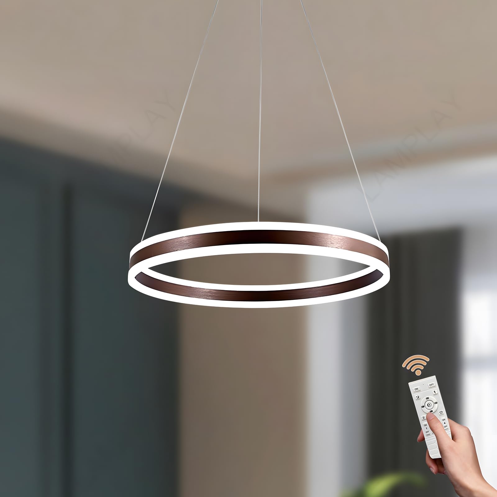 Lamplay Brown Round Led Modern Pendant Light, 1 Ring Chandelier, Dimmable With Remote Control 3000K-6000K Ceiling Light, Height Adjustable, Foyer Living Room Bedroom Dining Kitchen Island (Ø40cm)