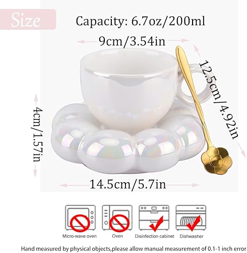 Miniatura 4 de Taza de café de flores, juego de taza de café y platillo de cerámica con nube, bonita taza con cuchara de flores, taza de té Kawaii con plato de