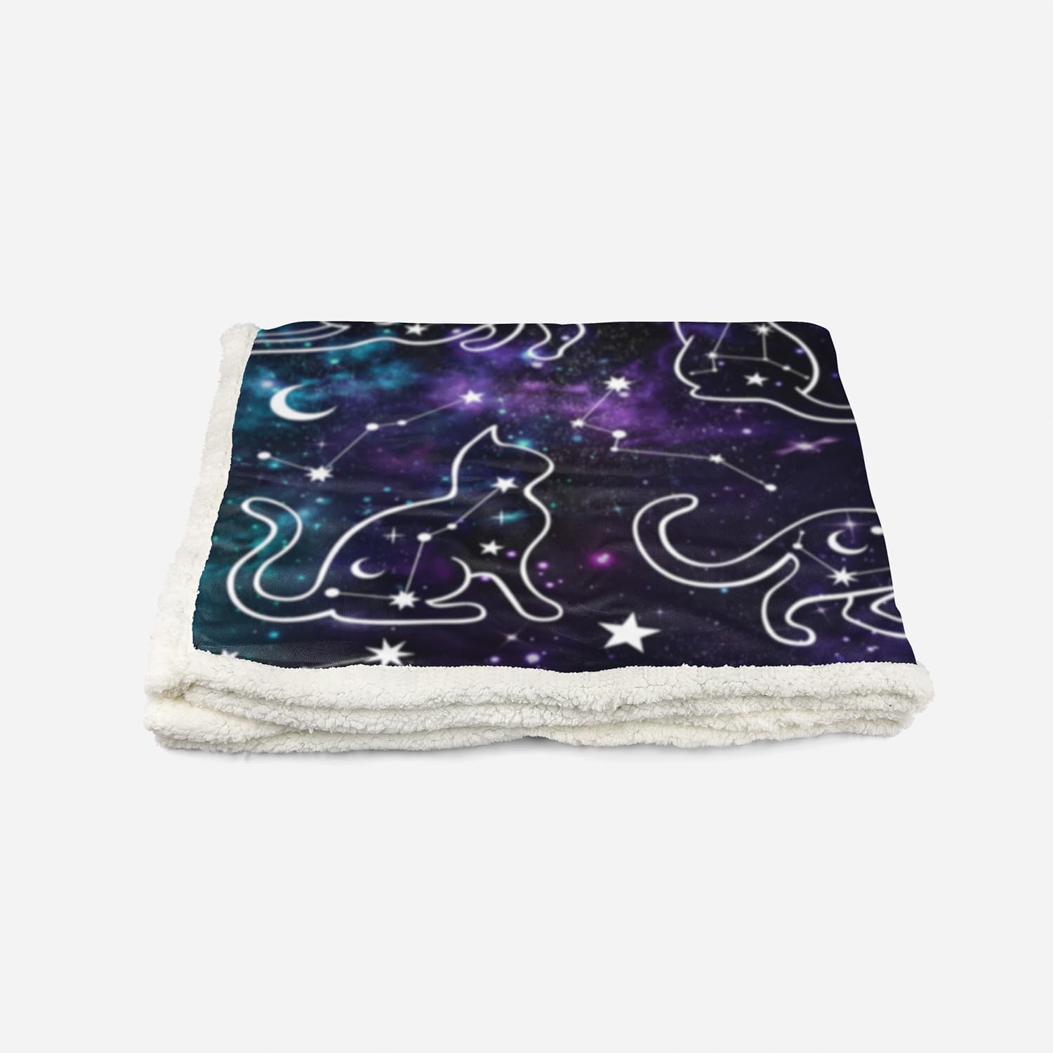 AILONEN Galaxy Cat Sherpa Fleece Blanket, Cartoon Stars Moon Plush Throw Blanket for Kids Boys Girls,Cute Constellation Kittens Soft Cozy Blanket All Season, 70 x 55 Inches