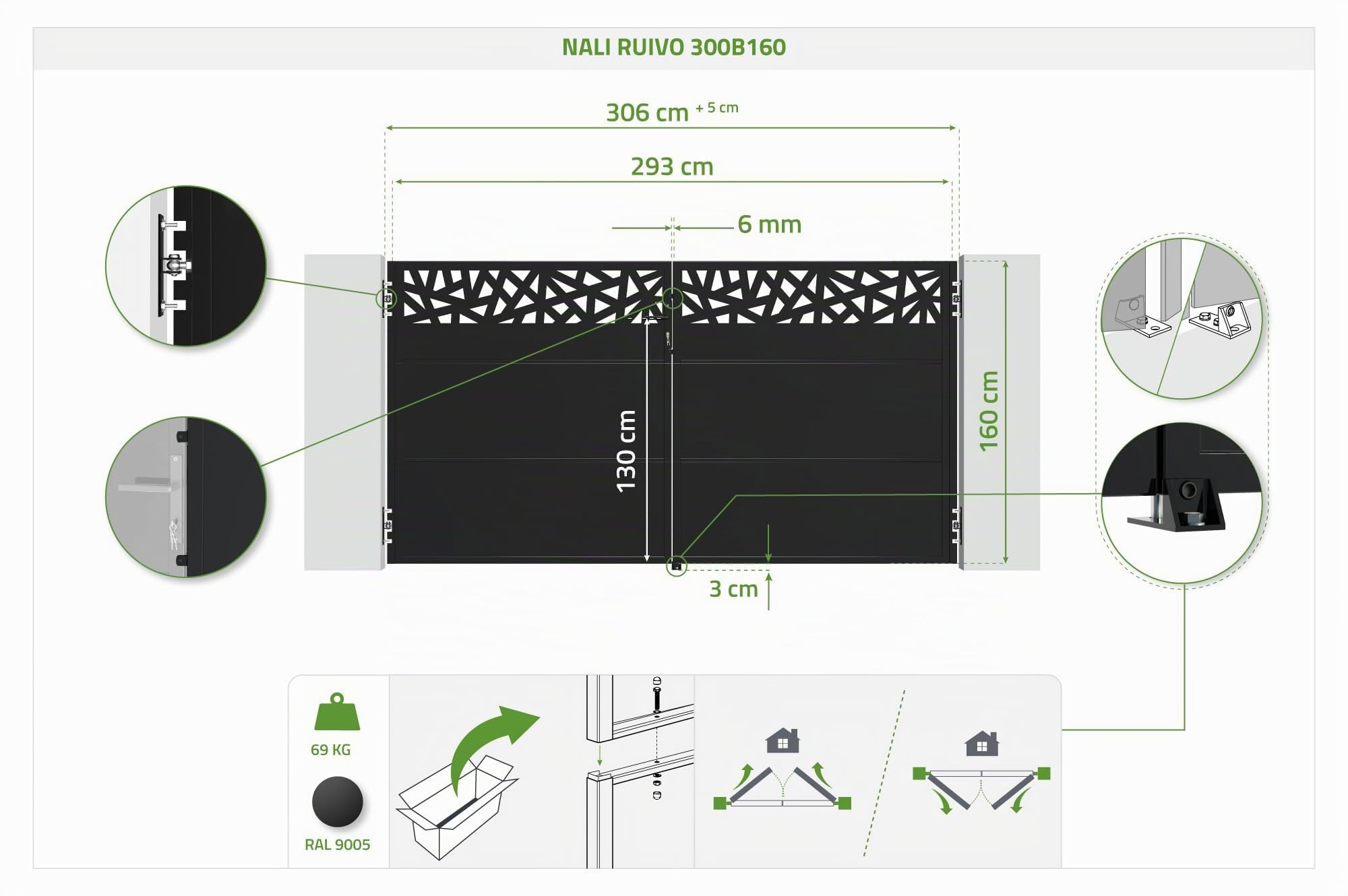 Casanoov Portail acier noir mat 3m NALI RUIVO H.160cm