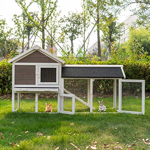 Kinpaw 53” Rabbit Hutch Bunny Cage Outdoor Chicken Coop Backyard Small Animal House Poultry for Guinea Pig Duck with Removable Tray & Ramp Coffee