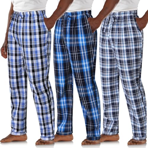 Image of 3 Pack Mens Cotton Pajamas Pants Lounge Pjs Bottoms Sleepwear Bottoms Soft Pants with Pockets Drawstring(Blue, Black,L,Plaid)