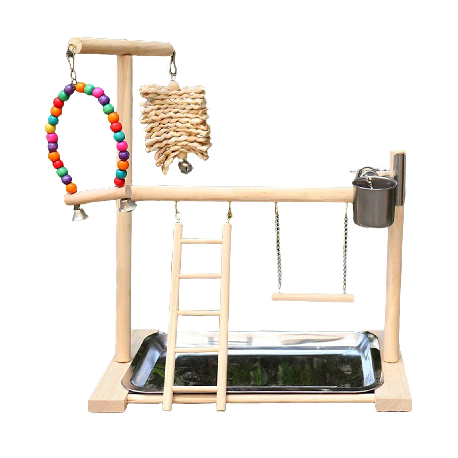 Perchoir pour Perroquets avec Balançoire, échelle, Mangeoire et Accessoires en Bois Naturel, Fabriqué à La Main. Convient Aux Animaux de Compagnie.