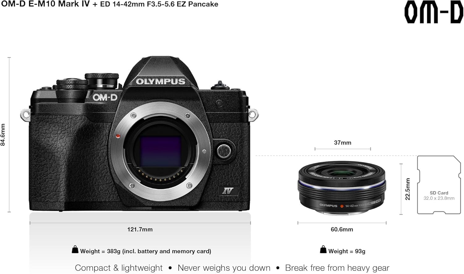 Kit d'appareil Photo Micro Four Thirds Olympus Om-D E-M10 Mark IV,capteur 20 MP, viseur électronique, vidéo 4K, Wi-FI, Noir - Comprend l'objectif M.Zuiko Digital Ed 14-42mm F3.5-5.6 EZ Pancake Argent