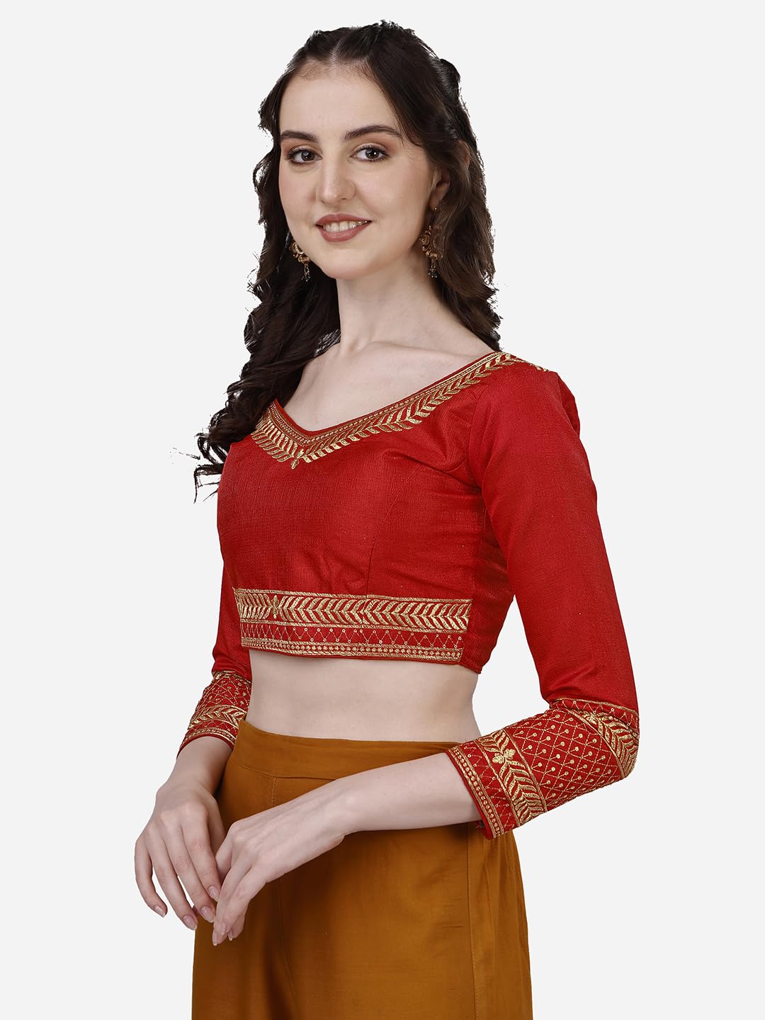 Pujia Mills Women's Milan Silk Heavy Embroidery with Sequins Worked Full Sleeve Fancy Saree Blouse Red(Charlie Red) 1