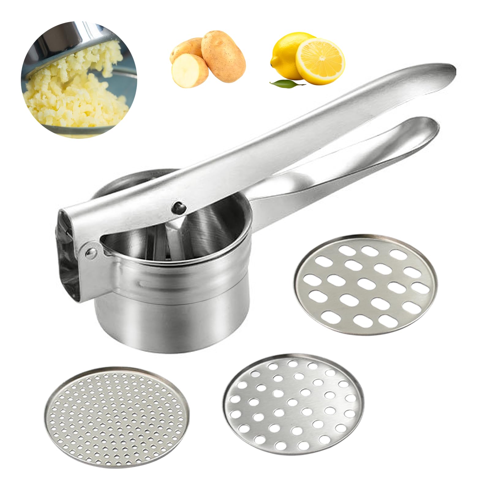 Schiacciapatate In Acciaio Inox Con 3 Colini Intercambiabili - Per Purè, Verdure, Facile Da Pulire, Lavabile In Lavastoviglie