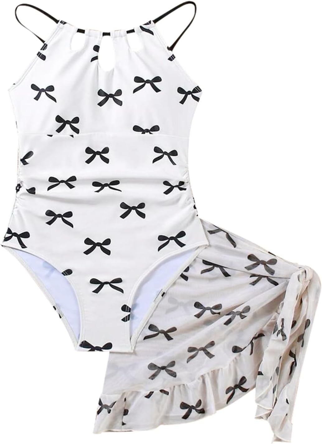 Girls Two Piece Swimsuit Teen Cute Bow Print Swim Set Bathing Suit Adjustable Straps Sports Swimwear with Cover Mesh