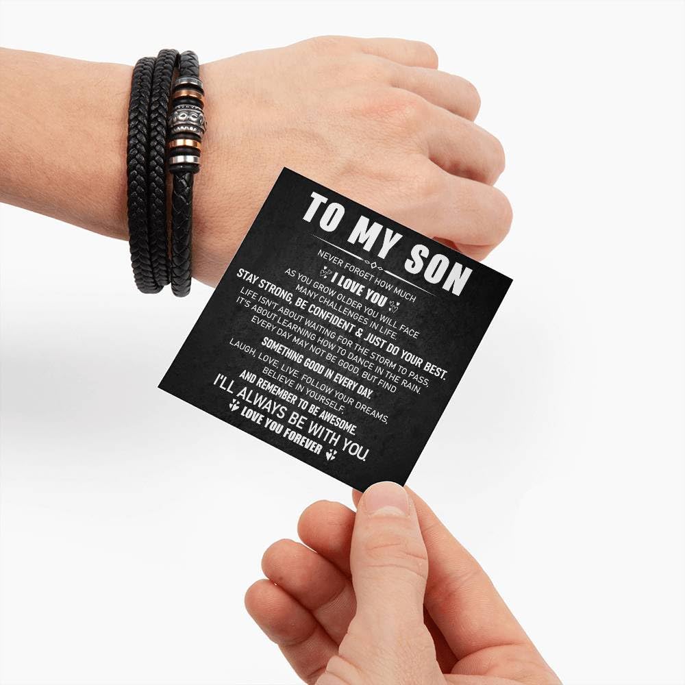 To My Son Bracelet, Stainless Steel Chain & Braided Leather Bracelet, nspirational Present for Son from Mom and Dad, Birthday Christmas Graduation Gifts for Teens.