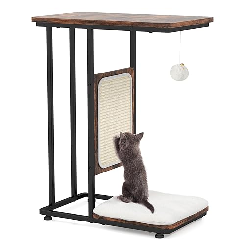 COSTWAY Cat Tree, Cats Furniture End Table with Sisal Scratching Mat, Removable Washable Cushion, C-Shaped Side Table for Living Room, Bedroom