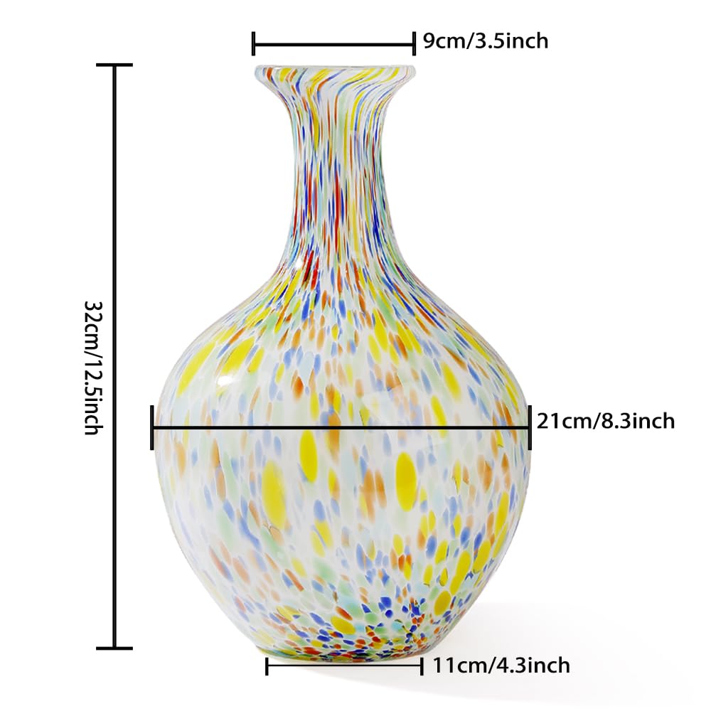 Jarrón de cristal de Murano redondo soplado a mano, 12.5 pulgadas de alto, jarrón de vidrio de boca ancha para mantel, centro de mesa, entrada, sala de estar, decoración de boda, decoración de cristal