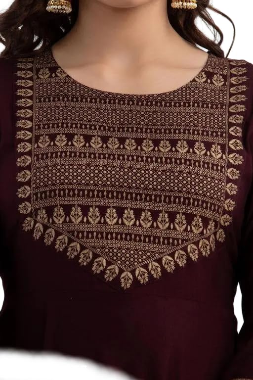 Image of Women's Dark Brown Sleeves and Hem Lace Border Ankle Length Kurti