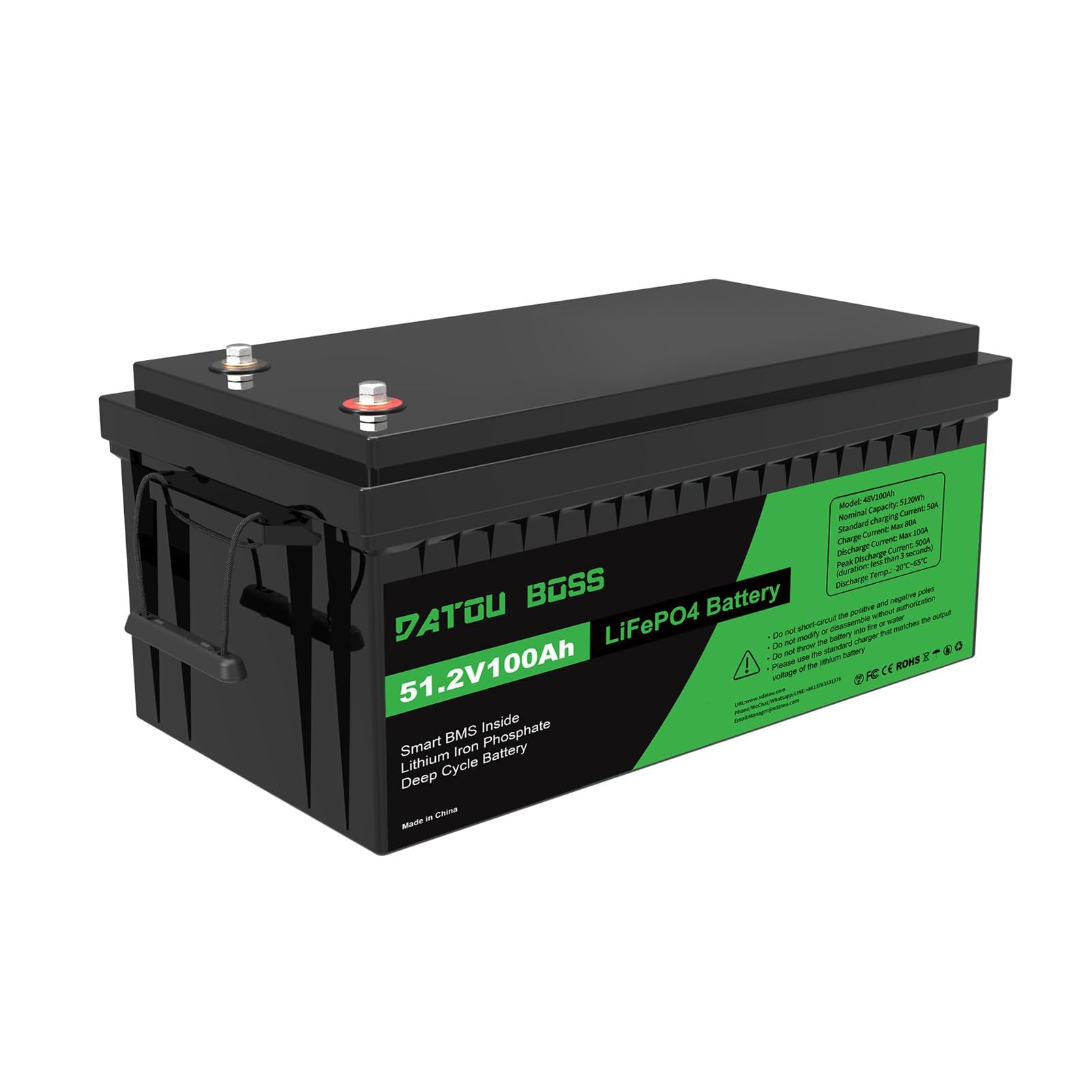 DATOUBOSS Batteria LiFePO4 da 48V 100Ah batteria al litio da 5120Wh con migliorata 100A BMS, 5000-15000 cicli di profondità, supporto in serie/circuito parallelo, per camper, pannello solare, marino
