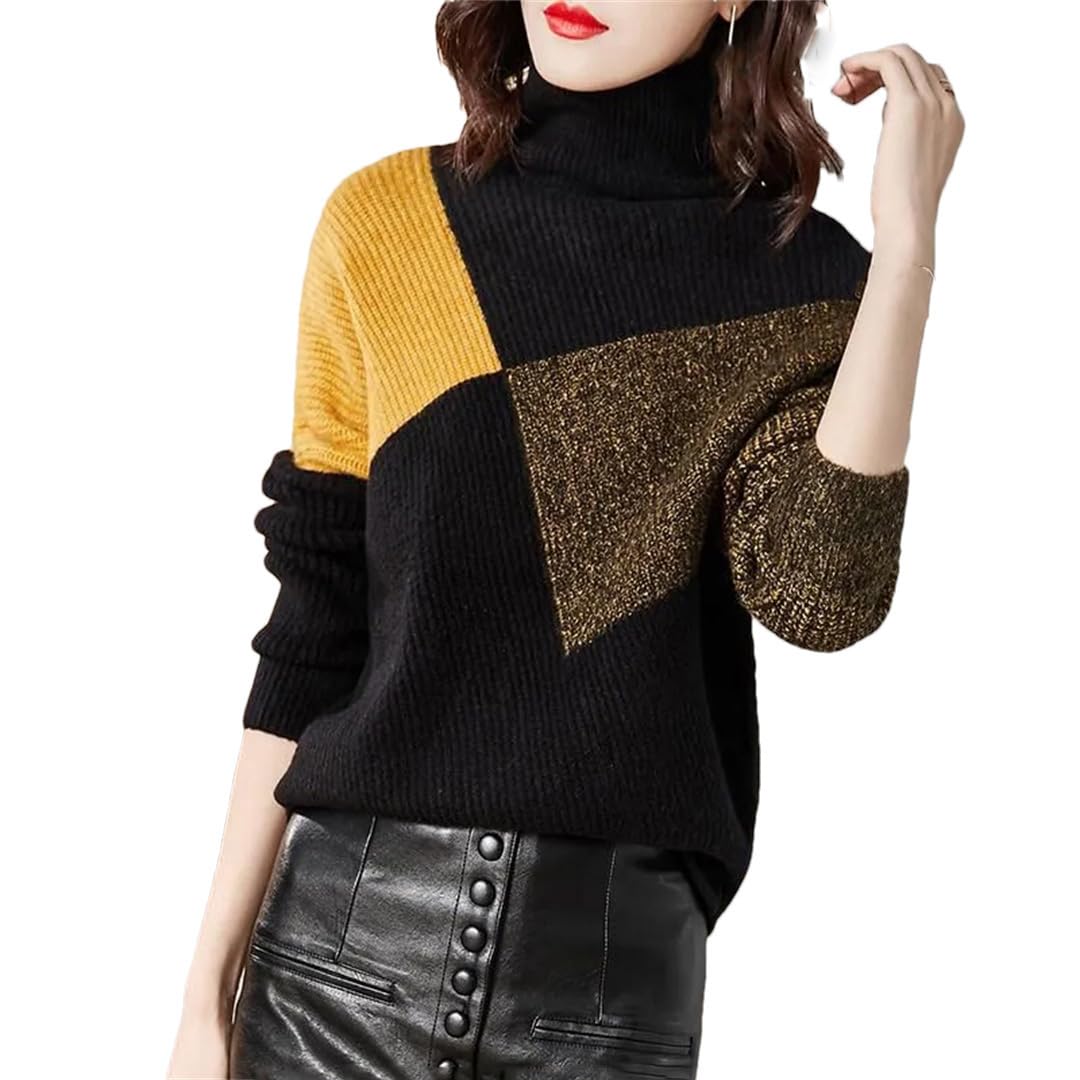 Maglione Dolcevita da Donna Autunno Inverno Top A Maniche Lunghe in Maglia A Maniche Lunghe A Blocchi di Colore