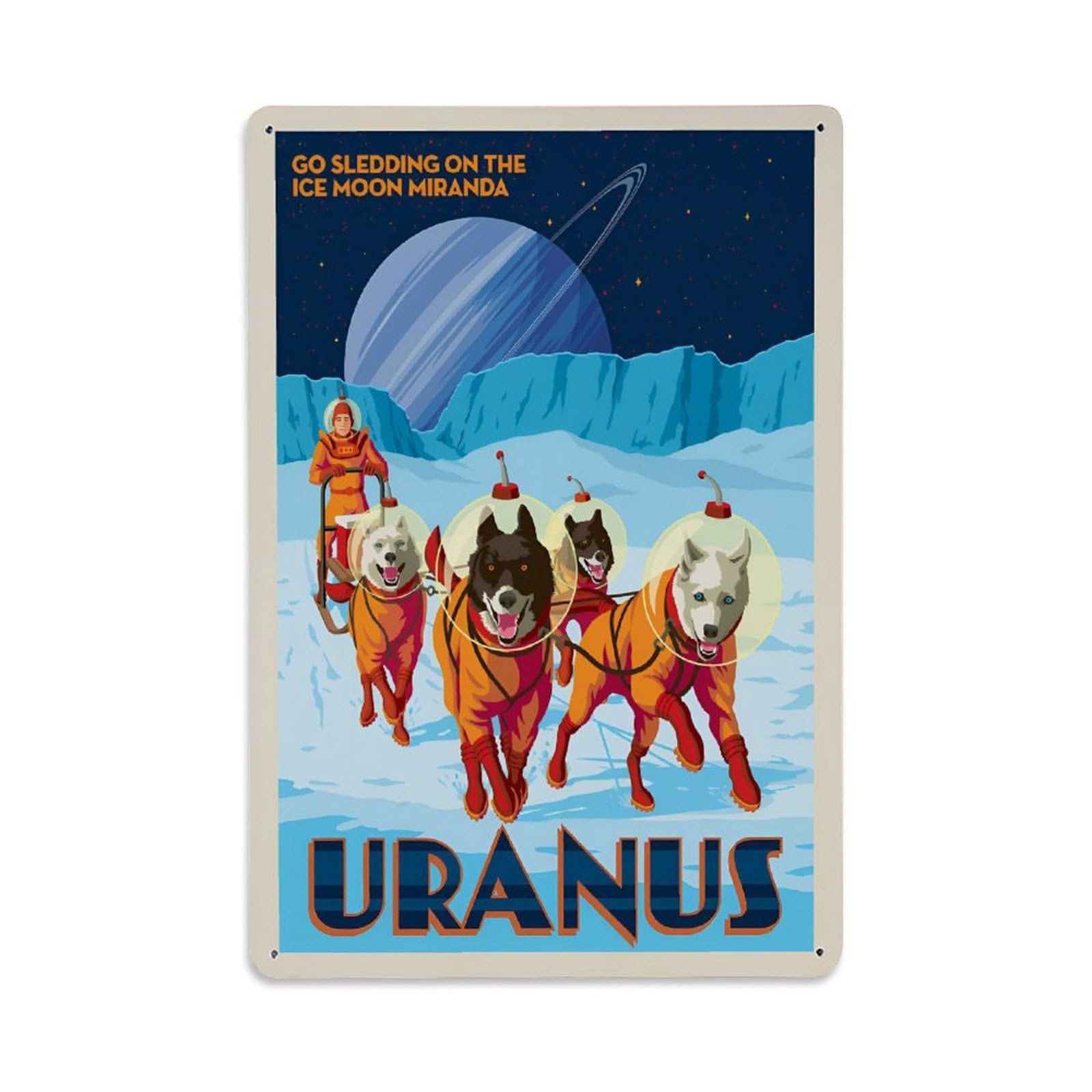 Vintage Space Poster Uranus Dog Sledding On The Ice Moon Miranda Metal Tin Sign Wall Decor for Cafe, Club, Garden Metal Poster 8x12Inch