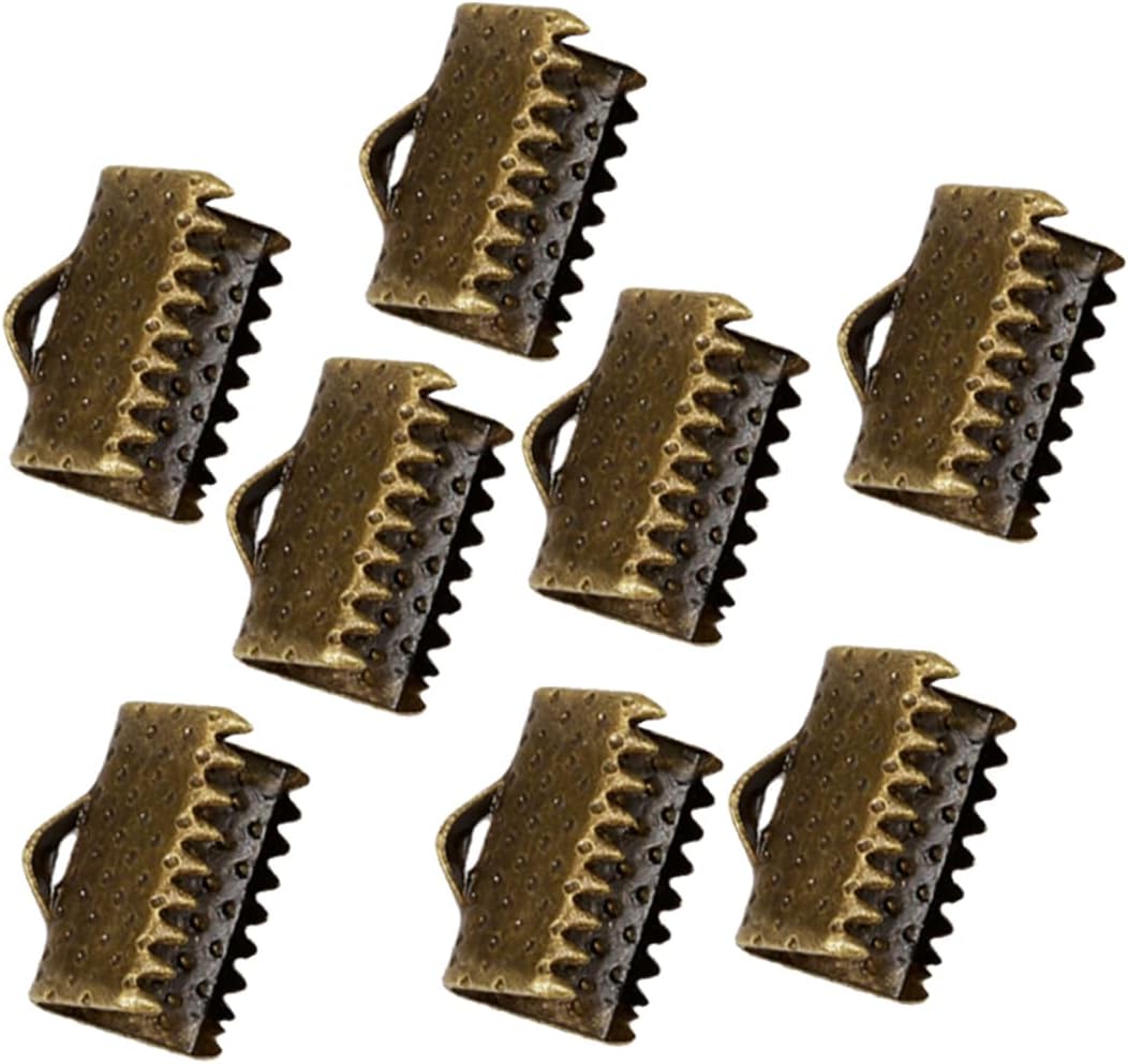 100PCS 1CM Plated Ribbon Ends Metal Fastener Clasps for DIY Jewelry Making Antique Bronze Textured Crimp End Clamps for Craft Projects