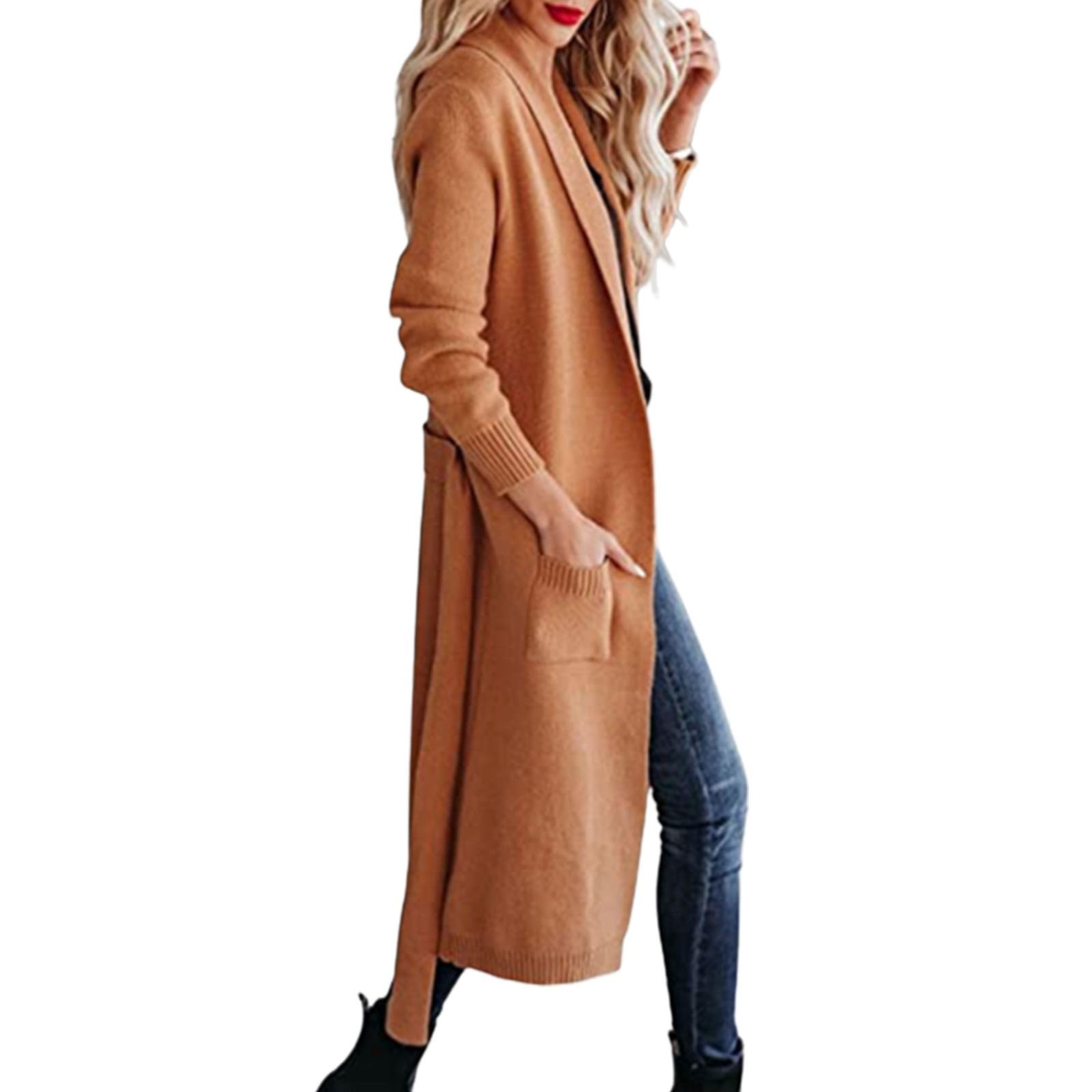 Cárdigan para mujer, cárdigan largo de punto con cinturón, cuello en V, manga larga, informal, cómodo, elegante, con frente abierto, cómodo, abrigo de punto