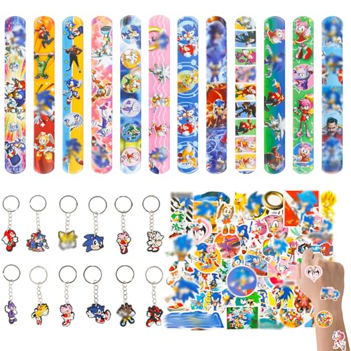 Wirhaut 74Stück Soni Party Mitgebsel kinder Party Mitgebsel Deko Set Kindergeburtstag Gastgeschenke inklusive 12 Armband 12 Schlüsselanhänger 50 Aufkleber