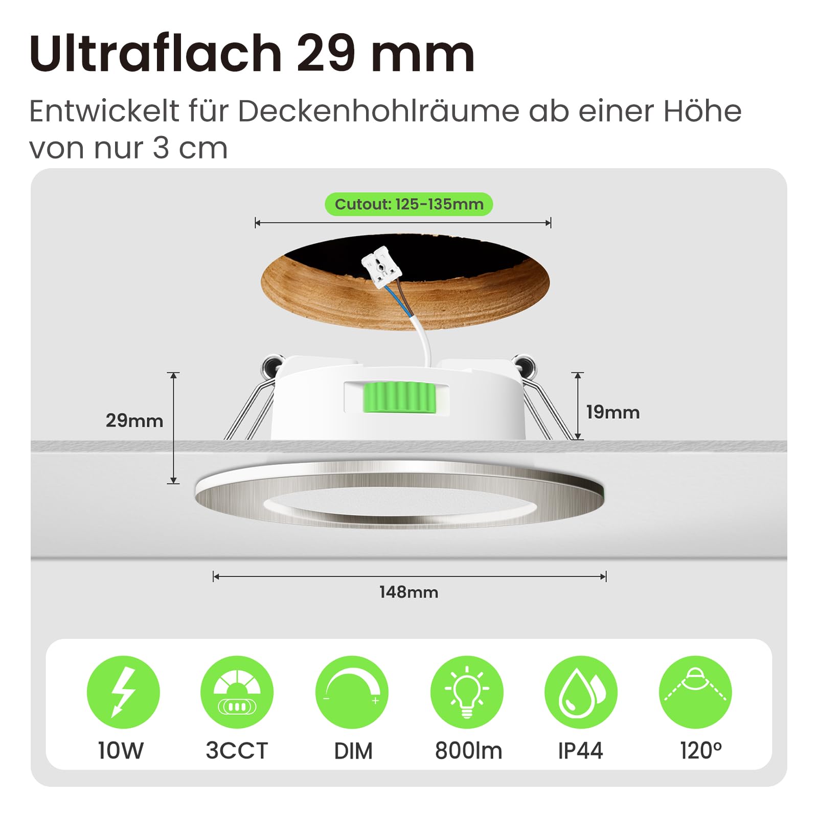 ALUSSO 6 Stück Einbaustrahler Led,10W LED Einbaustrahler Dimmbar AC 220-240V,Warmweiß 3000K Neutralweiß 4000K Kaltweiß 6500K IP44 Deckenspots für Badezimmer Küche Wohnzimmer,Nickel