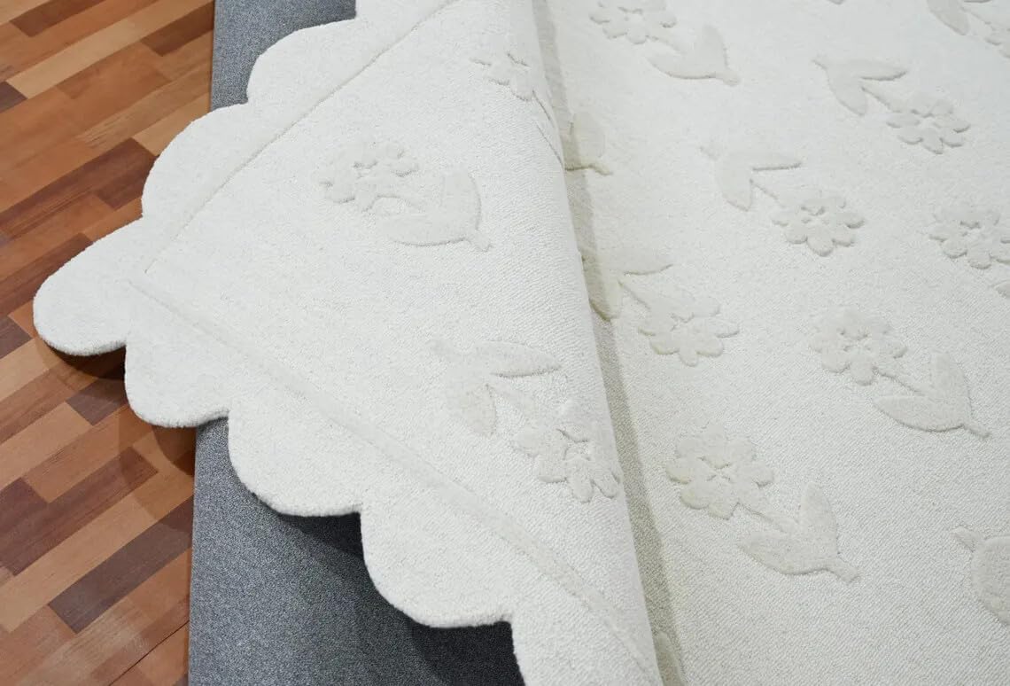 Hand Tufted Ivory Floral Wool Area Rug 5x8 Ft Scalloped Border Elegant Living Room Carpet 7.0x10.0 Cream