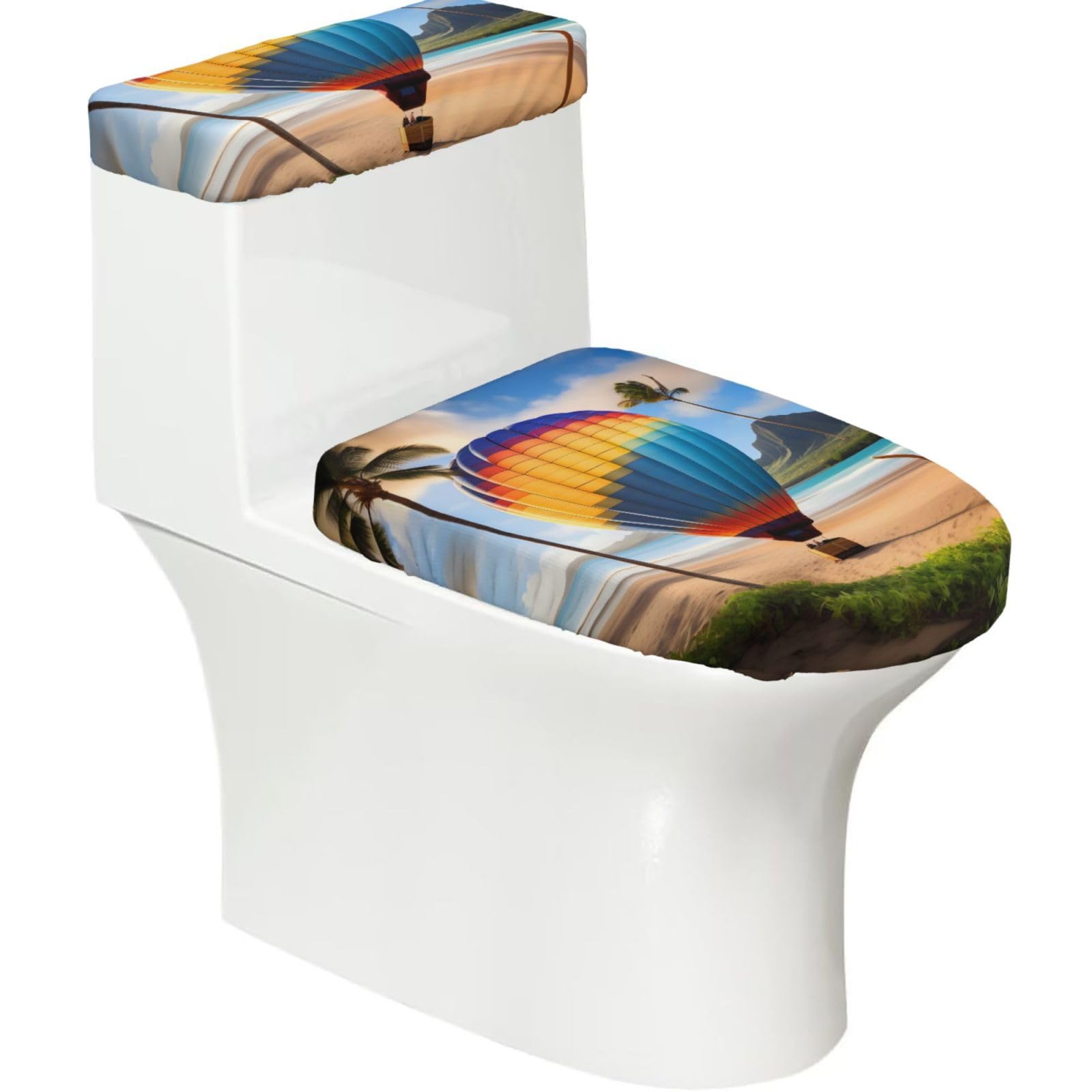 Hawaii Hot Air Balloon Elastic Toilet Cover Set of 2-Stretchy Lid and Tank Covers for Bathroom, Soft Washable U Shape Toilet Decor