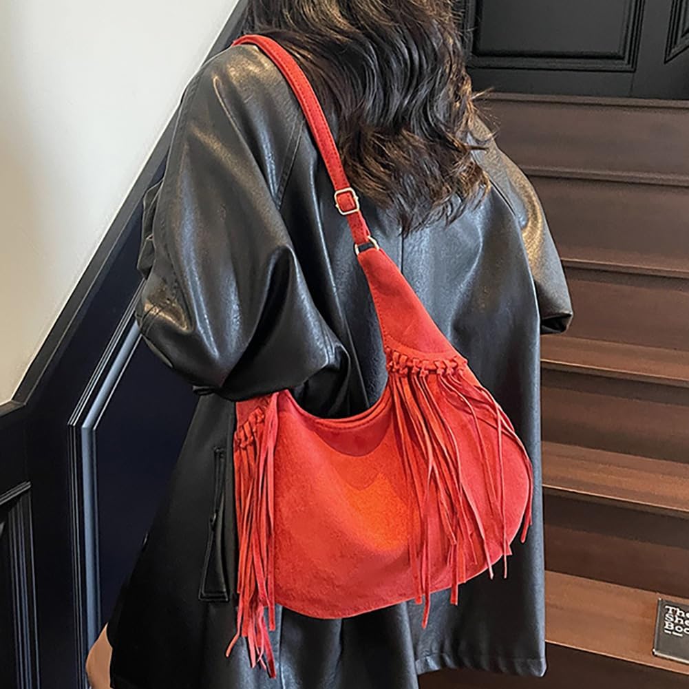 Women's Frosted Fringe Hobo Bag, Suede Leather Fashion Underarm Shoulder Purse, Novelty Tassel Bucket Crossbody Bag - Image 4