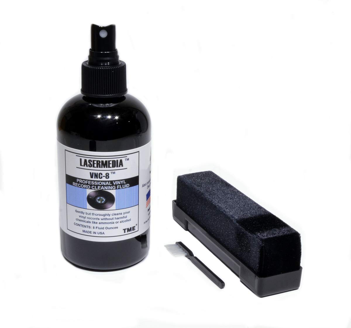 Lasermedia VRCB-K-8 Record Cleaning Kit w 8 Ounce Bottle VNC-8 Cleaner and Record Cleaning and Stylus Cleaning Brushes by TME