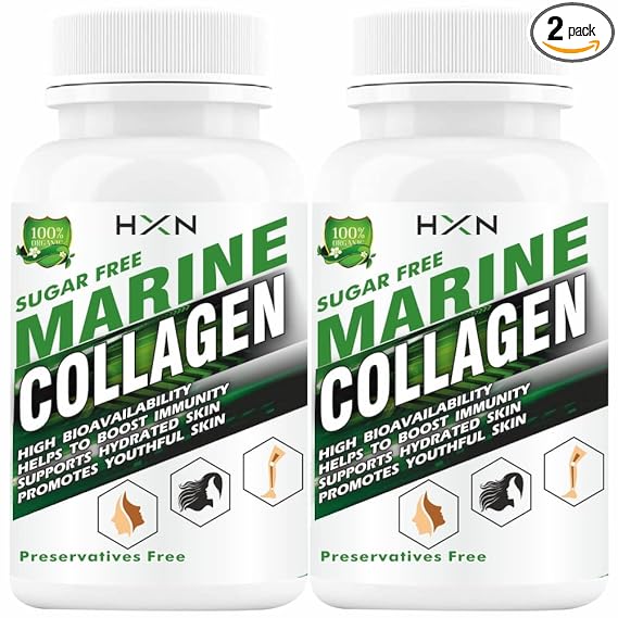 HXN Marine Collagen Supplements For Women, Men With Hyaluronic Acid, Vitamin C, E, B12 Supplement Glutathione, Biotin, Grape Seed Extract. Pure Hydrolyzed Protein Powder Peptides For Skin-120 Tablets