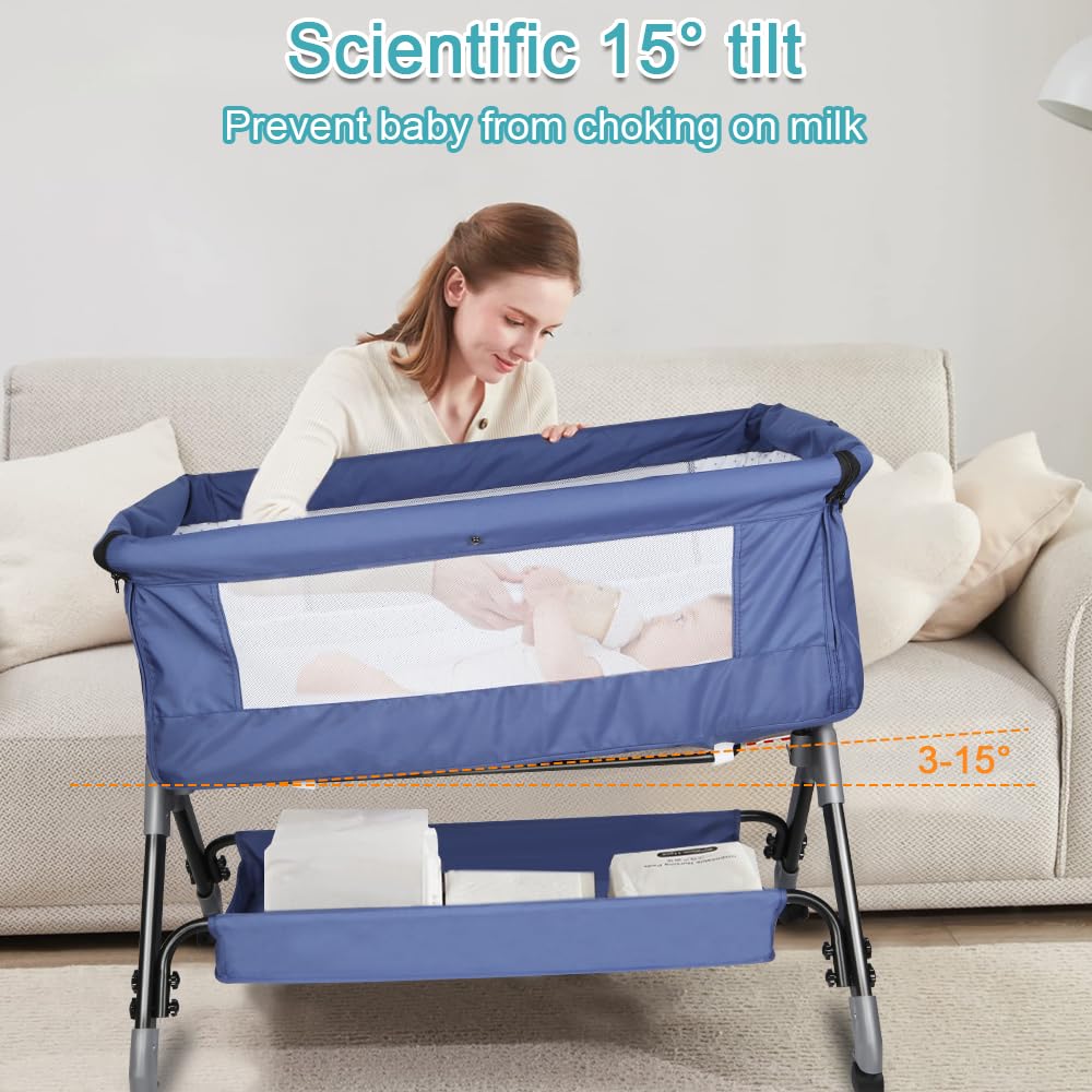 Kedia Cuna Cododo, Cuna de bebé multifuncional con colchón de nacimiento de 1 a 12 meses, Cuna de bebé con 4 ruedas y mosquitera, ajuste de altura (azul, A-104 x 52 x 103 – 115 cm)