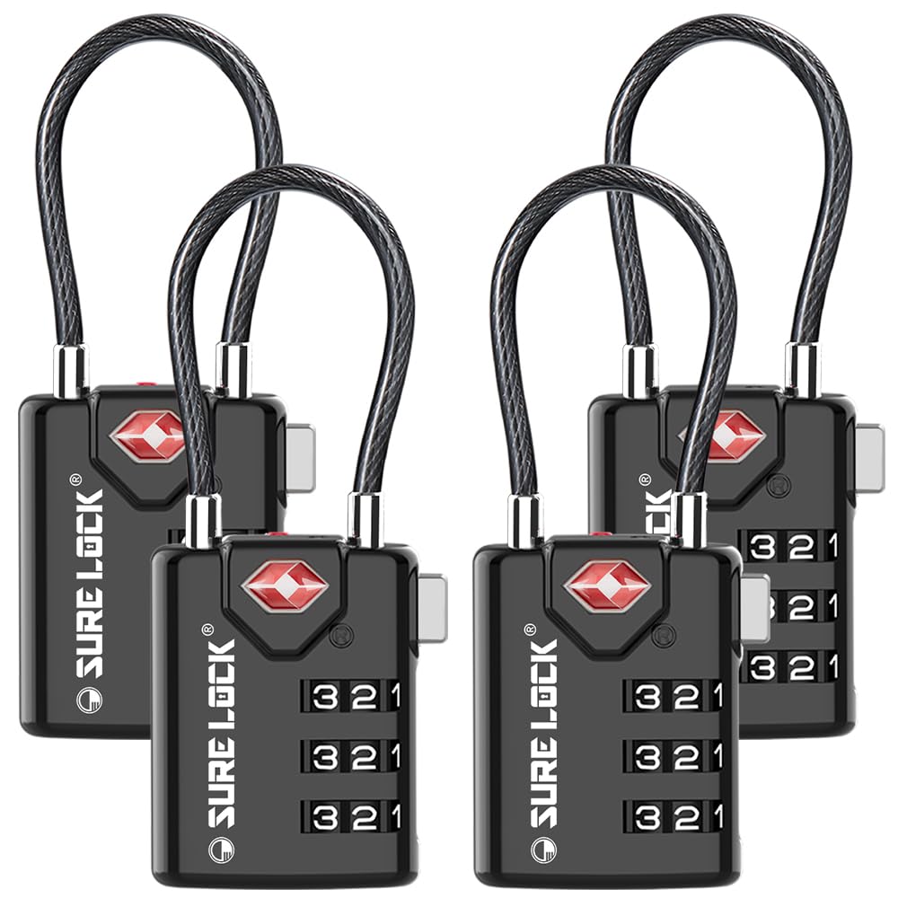 SURE LOCK TSA Compatible Travel Luggage Locks, Inspection Indicator, Easy Read Dials TSA Approved with Zinc Alloy Black 4 Pack