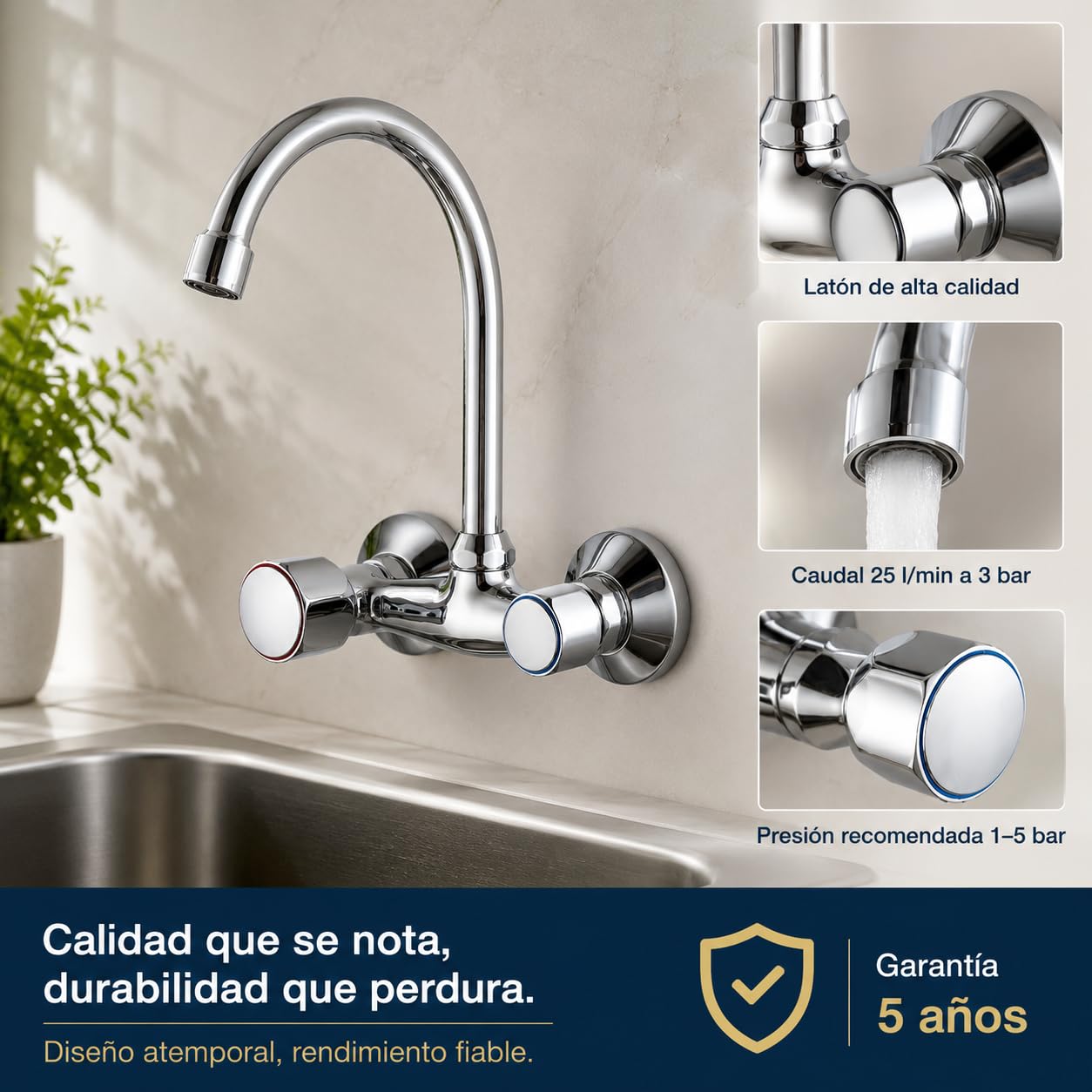 Grifo Cocina de Pared para Fregadero 15 cm, Caño Alto Bimando, AQG Zantes