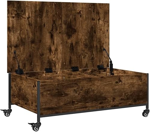 Miniatura 7 de vidaXL Mesa auxiliar de roble ahumado con ruedas, madera de ingeniería, mesa auxiliar móvil moderna para sala de estar, rectangular con