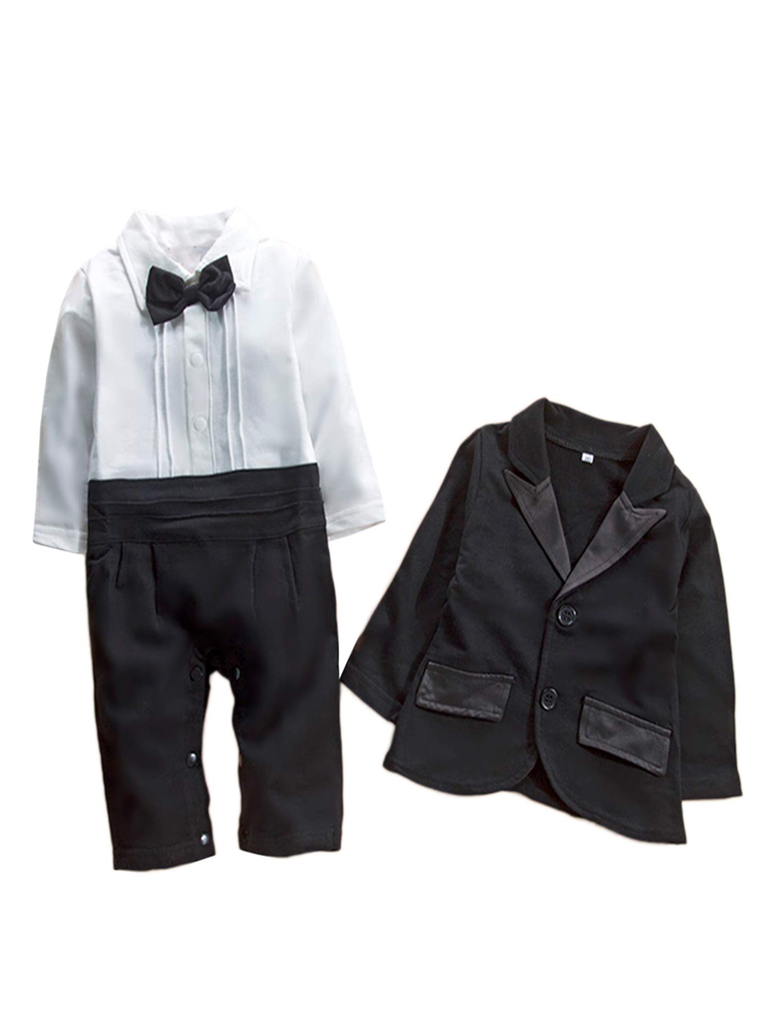 Newborn Infant Baby Boys Tuxedo Bow Tie Jumpsuit Romper and Black Jacket 2-pc Formal Wear Suit