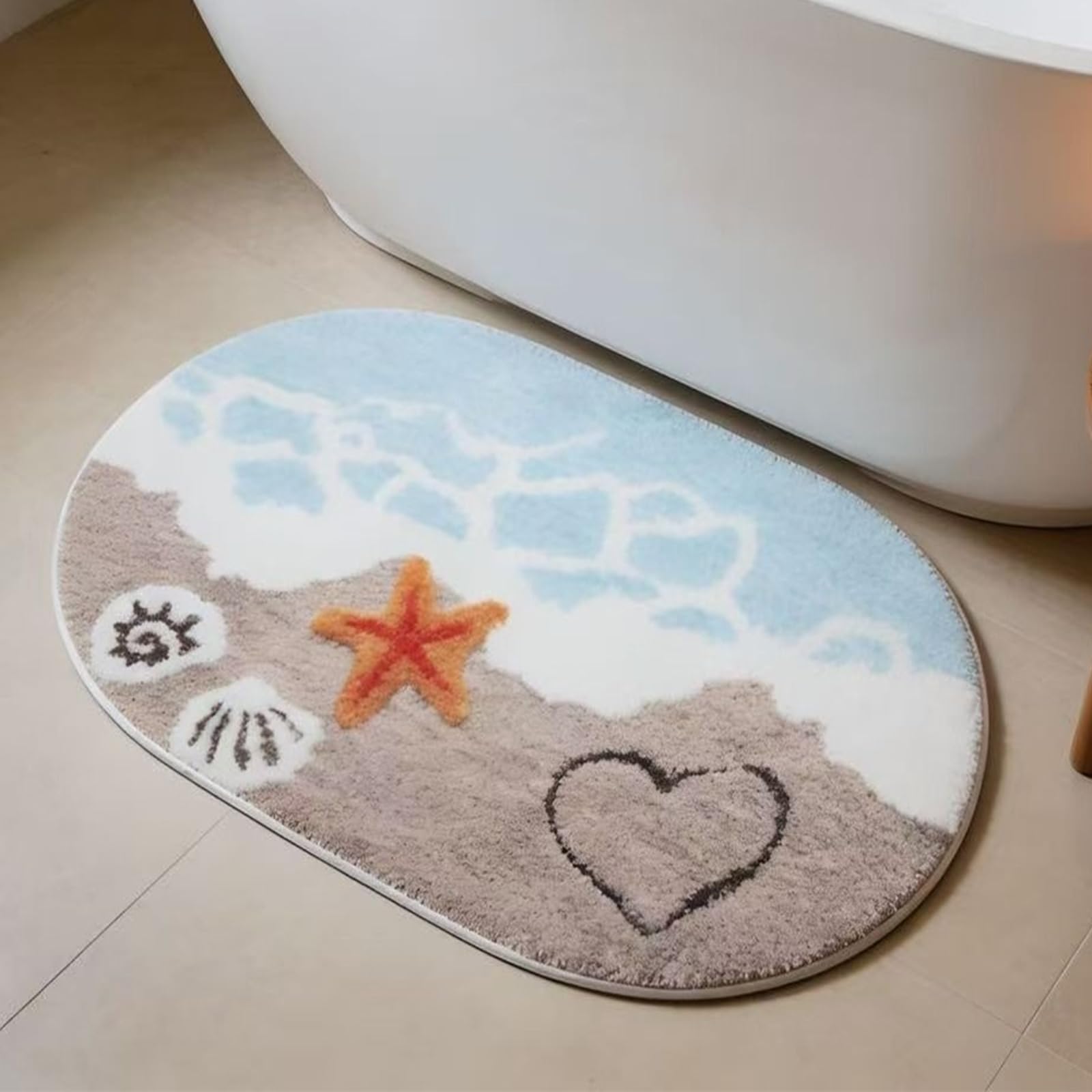 VOSSOT Non‑Slip Bath Mat 50×80 cm – Plush Faux‑Shearling Soft Bathroom Mat with Summer Sea Pattern – Machine Washable, Anti‑Slip Rug for Shower, Bathroom, Kids & Elderly Use