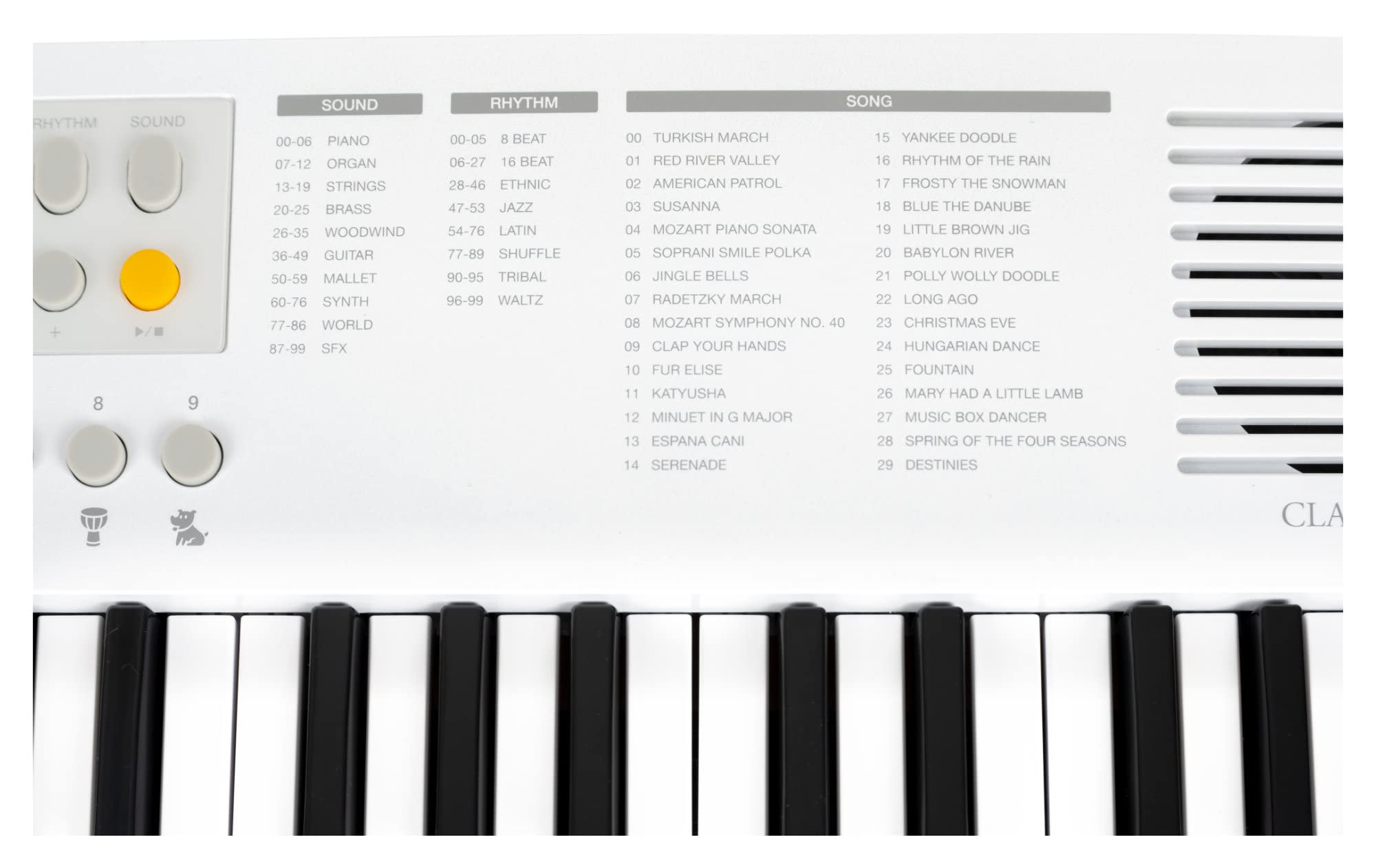 Classic Cantabile MINI-37 Clavier blanc-gris, 37 mini-touches, 100 rythmes | 100 sons (répartis en 10 groupes), 30 chansons (la voix mélodique peut être coupée), Polyphonie 32 notes, Bouton de volume