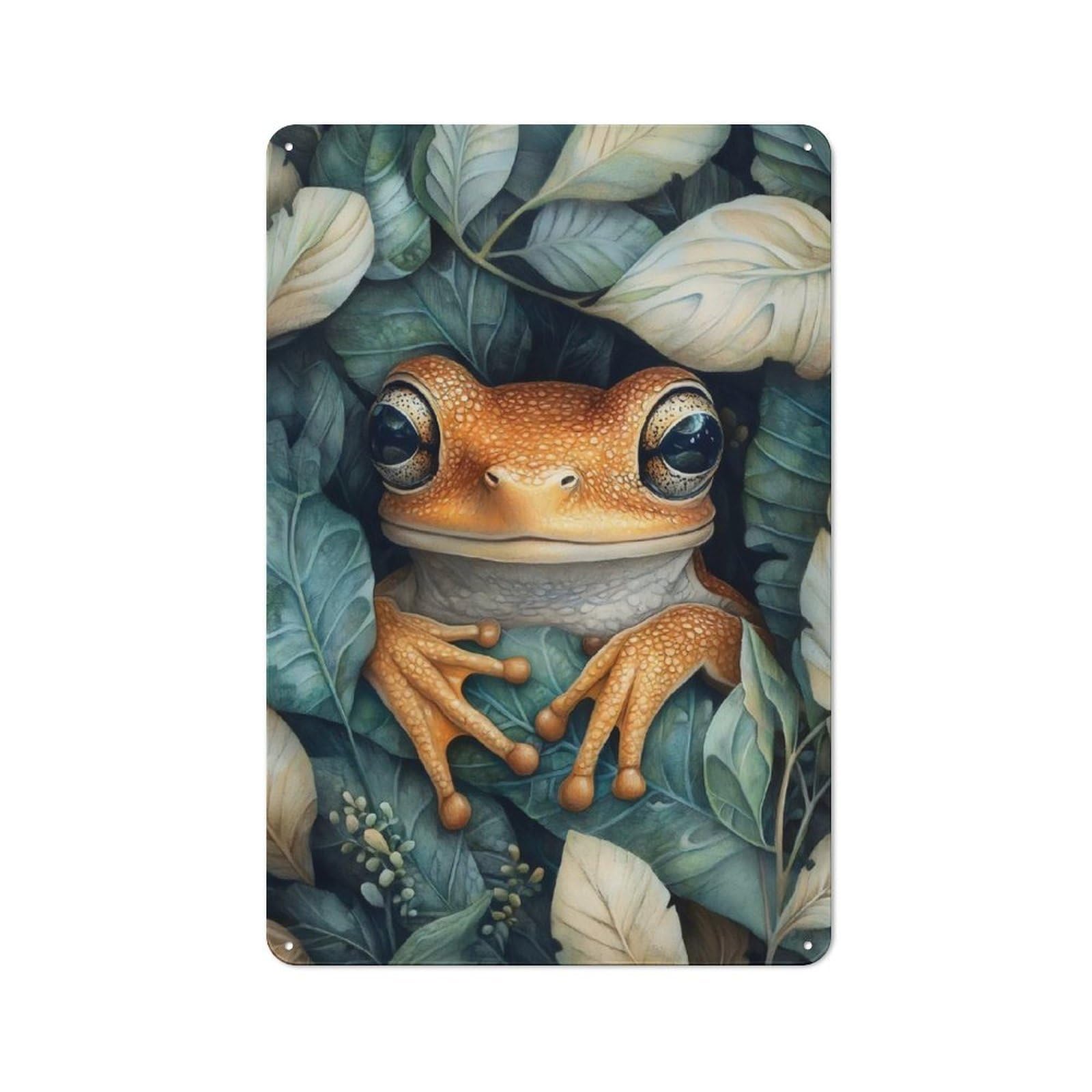 Junmoney Frog In Leaves Rustic Metal Plaque 30X20cm For Guest Room Or Hallway, A Decorative Metal Sign For Guest Rooms And Hallways