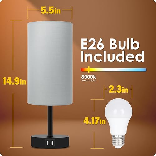 Vista 6 de Yarra-Decor Bedside Lamp with USB Port - Touch Control Table Lamp for Bedroom 3 Way Dimmable Nightstand Lamp with Round Grey Fabric Shade for Living