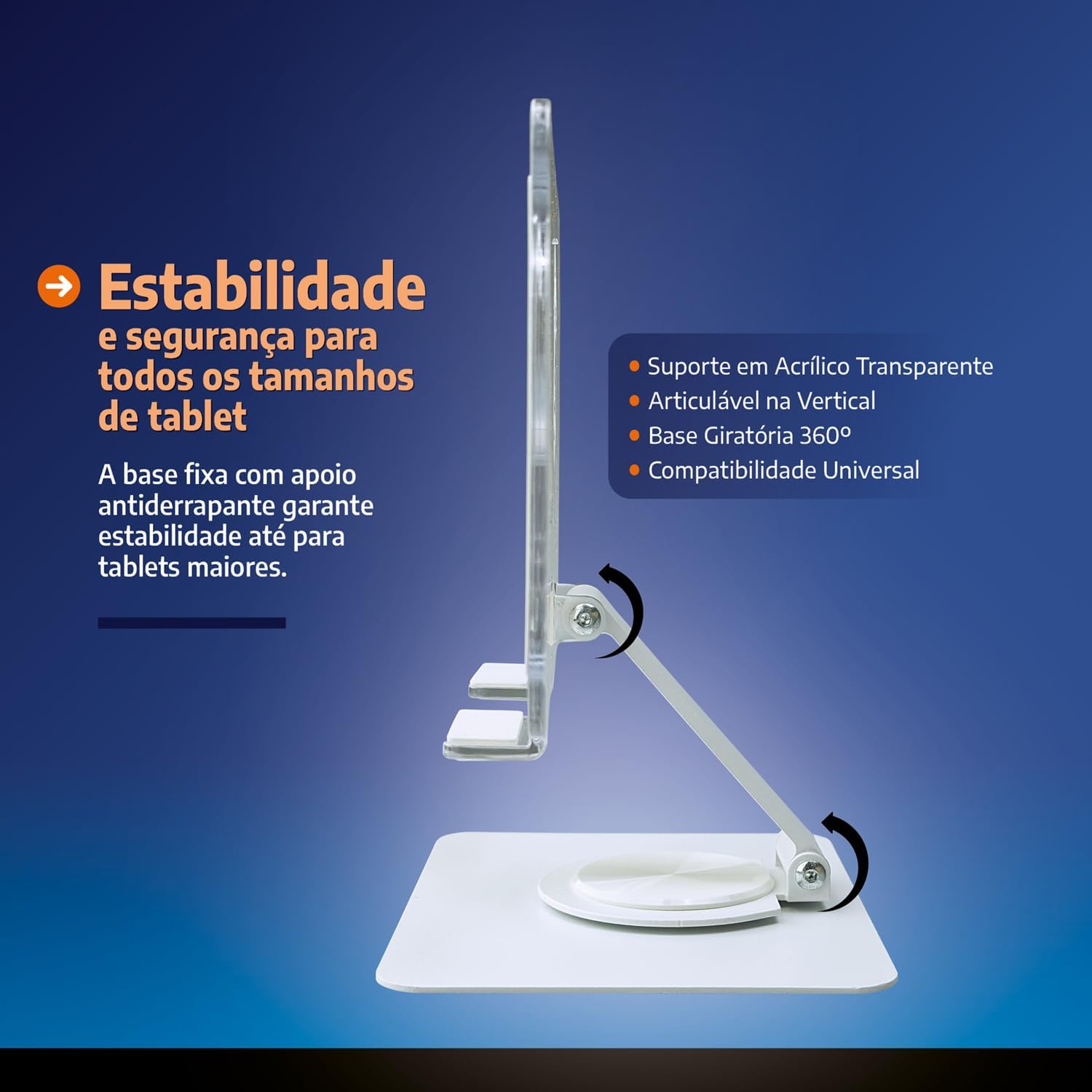 Suporte de Mesa para Tablet com Base Giratória 360° em Acrílico e Alumínio Premium Resistente com Pedestal Ajustável Dobrável e Retrátil Compatível com Tablets Base na Cor Branco