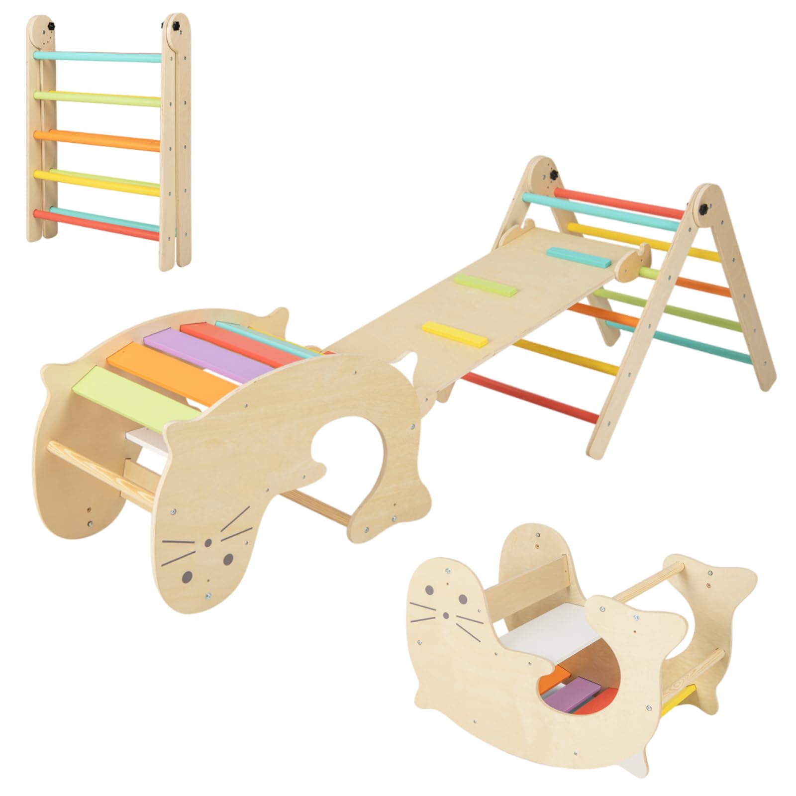 Maxmass 7-in-1 Toddler Climbing Frame, Foldable Kids Montessori Climbing Toys with Reversible Ramp, Sea Lion Rocker, Wooden Climber Set Indoor Slide Gym Playset for 3-14 Years Old (Multi-colored)
