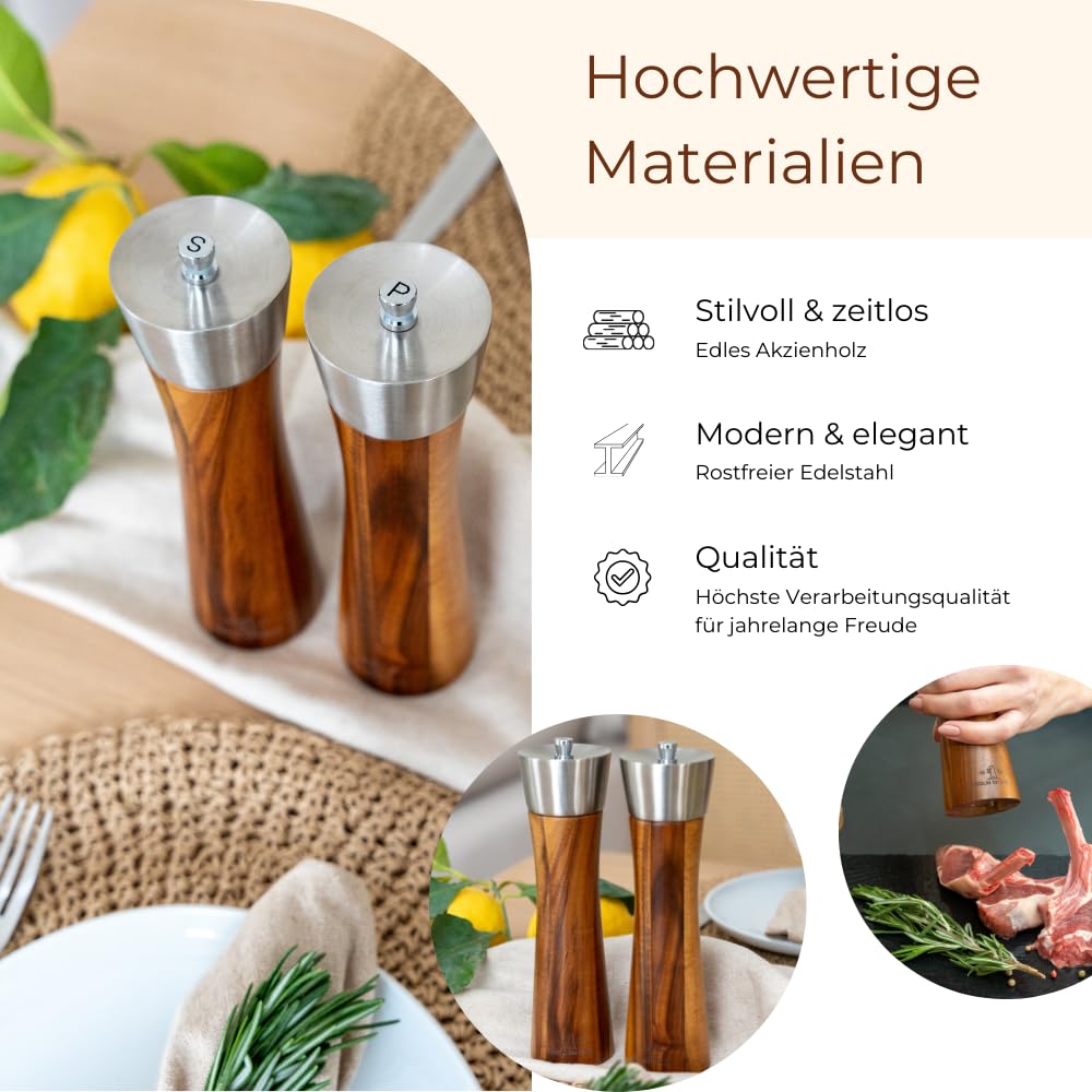 Salt'n Pepper Passion Salz- und Pfeffermühle Set | Edle Akazie & Edelstahl | GRATIS Dosierlöffel | Langlebiges Keramikmahlwerk | Stilvolles Geschenk | Stufenlos einstellbarer Mahlgrad