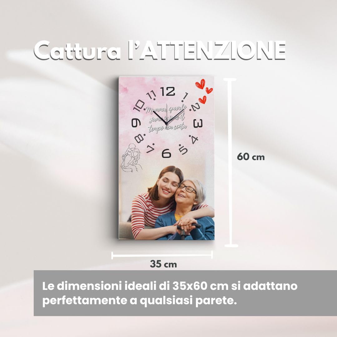 dodda - Quadro Personalizzato con Foto, Testo e Orologio con stampa in HD - Stampa Foto su Tela Personalizzata Idea Regalo Mamma