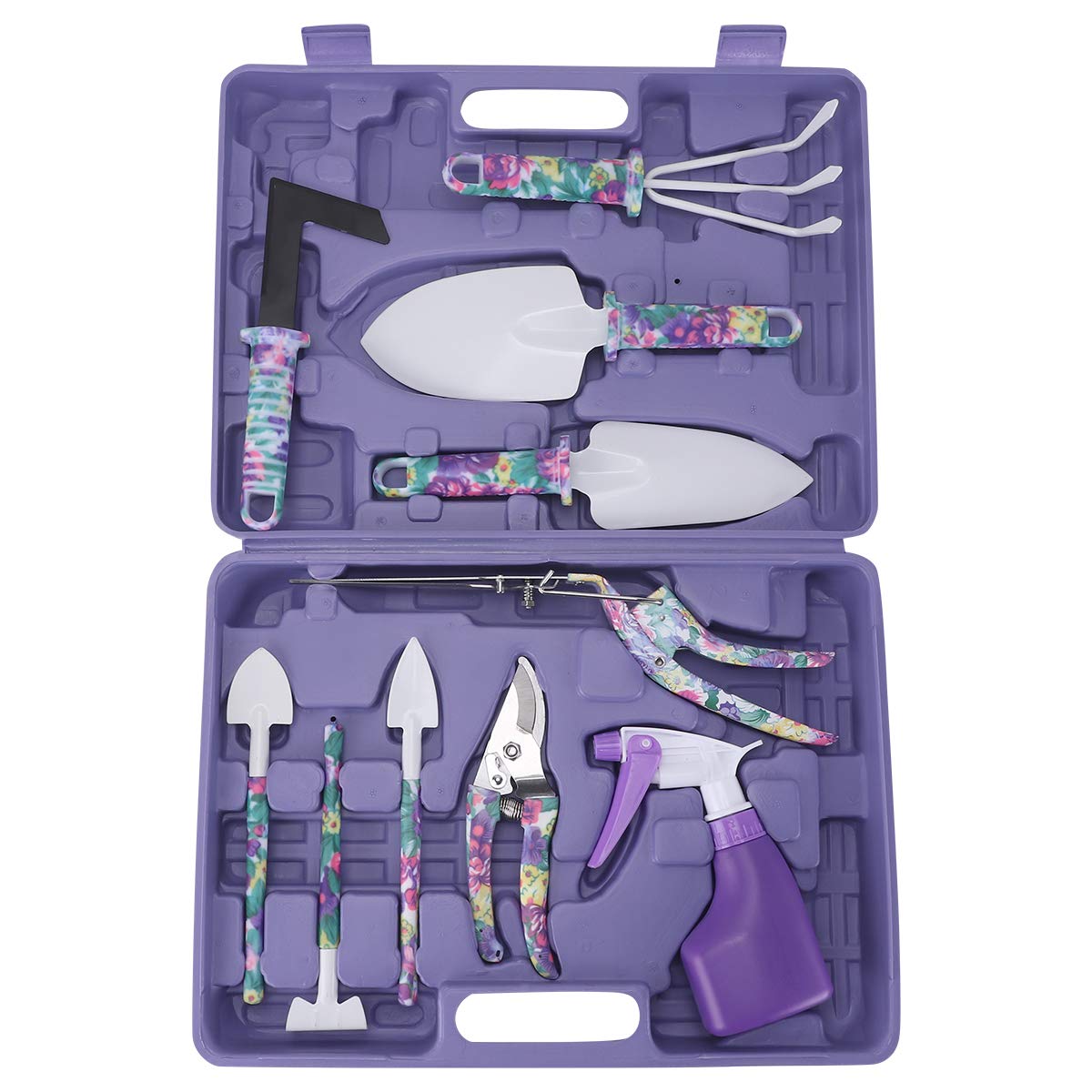 Garten Handwerkzeugset aus Rostfreiem Edelstahl und ABS 10 Stück mit Rechen Schaufel Unkrautmesser und Sprühflasche für Pflanzen Umpflanzen und Gartenarbeit