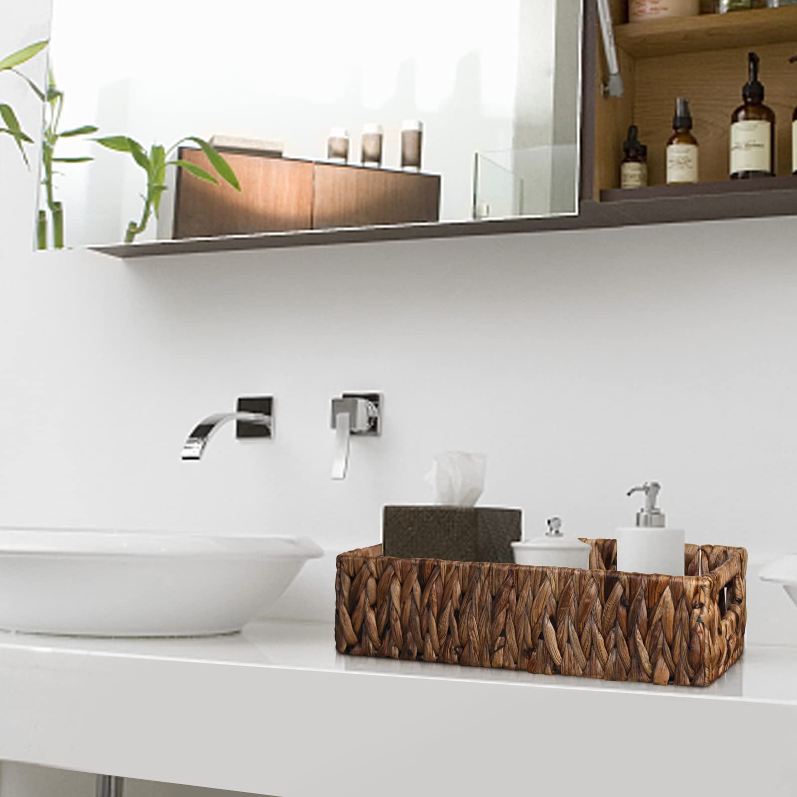 HOSROOME Cesta de almacenamiento de jacinto de agua para estantes, cestas de mimbre para organizar papel higiénico, cesta decorativa para armario, dormitorio, baño, entrada, escritorio de oficina