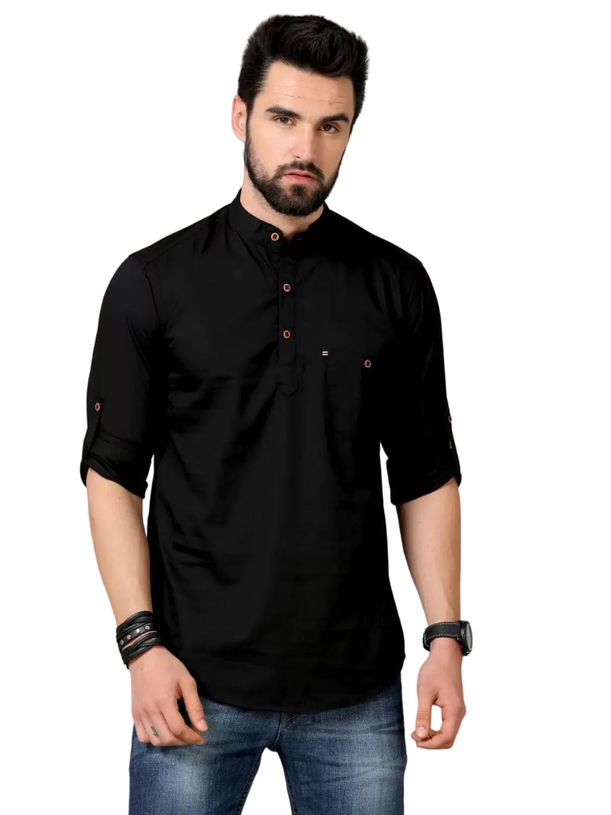 deemoon Men's Cotton Blend Full Sleeve Short Kurta with Mandarin Collar Crafted from a Premium Cotton Blend-picture-14