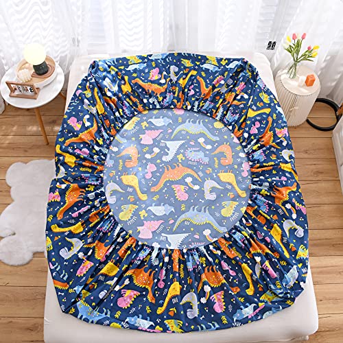 Image of TPU Backing Waterproof Fitted Sheet with Deep Pocket,Dino Printed Thicken Fabric Bed Sheets (Navy Blue(Waterproof), Twin)