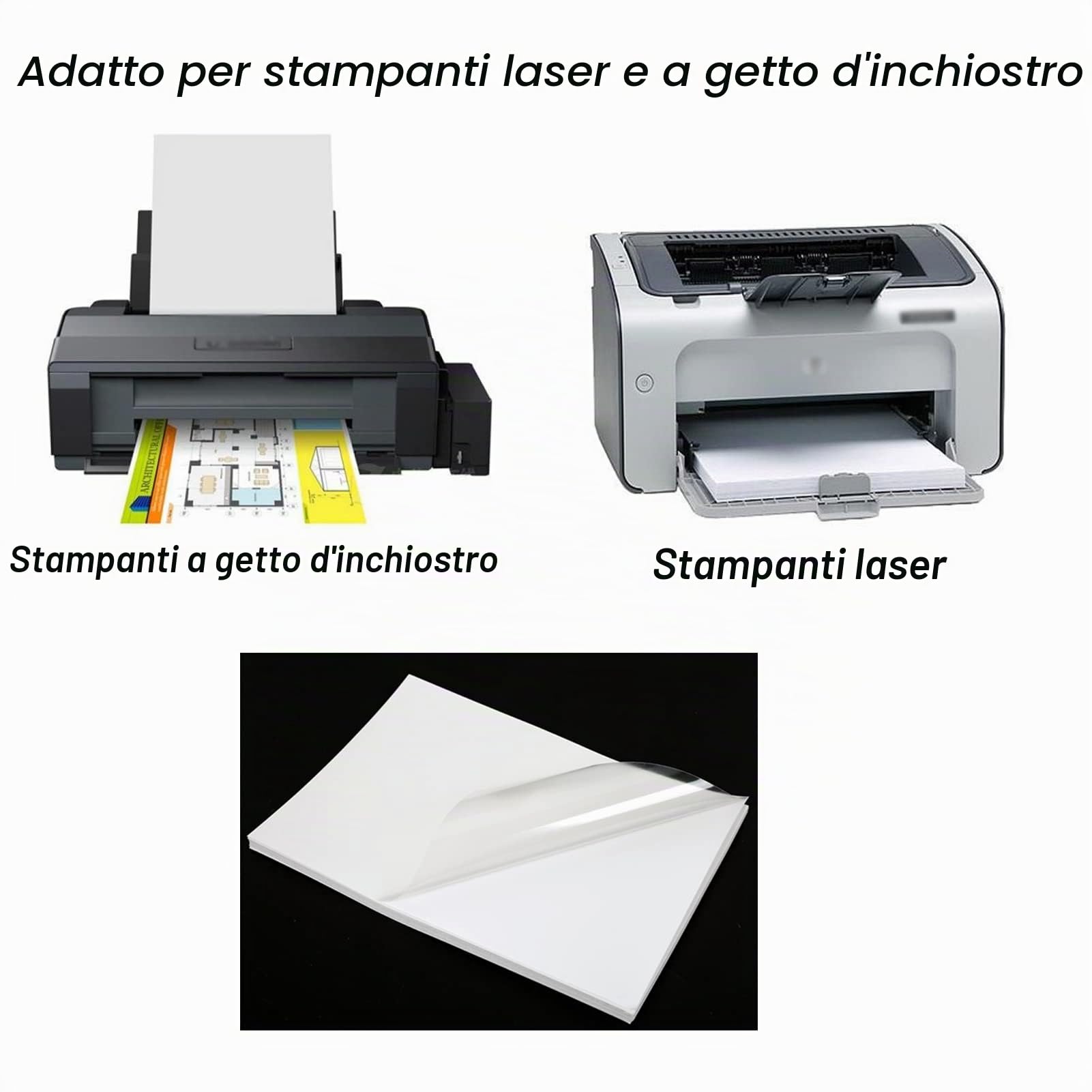 Pellicola adesiva in vinile trasparente impermeabile 25 fogli per stampanti laser e getto d'inchiostro