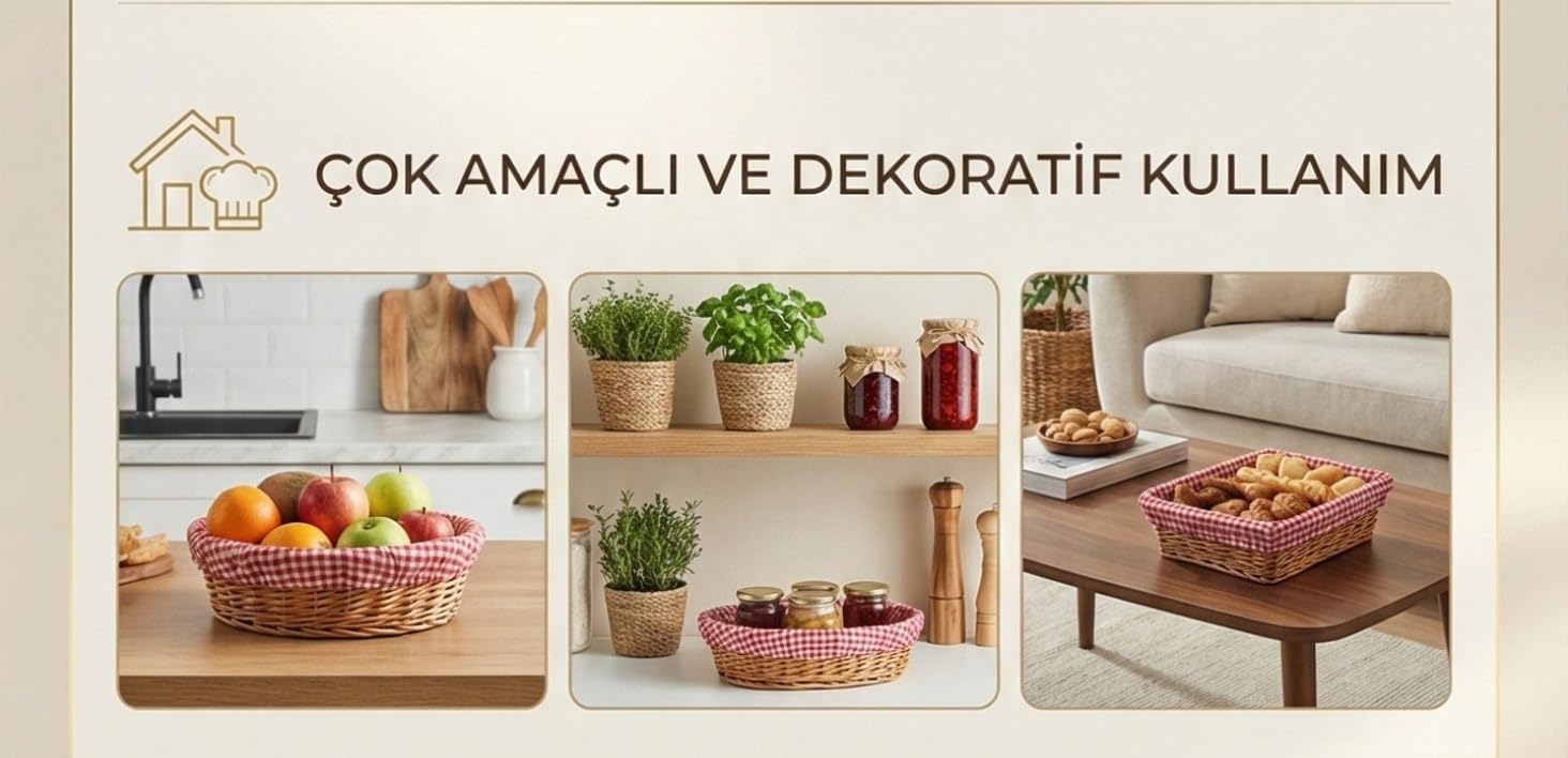 AmberHaus Doğal Rattan Kumaşlı Ekmeklik ve Sunum Sepeti - Kırmızı Kumaş Örtülü Rustik Kahvaltı ve Servis Düzenleyici (Yuvarlak)