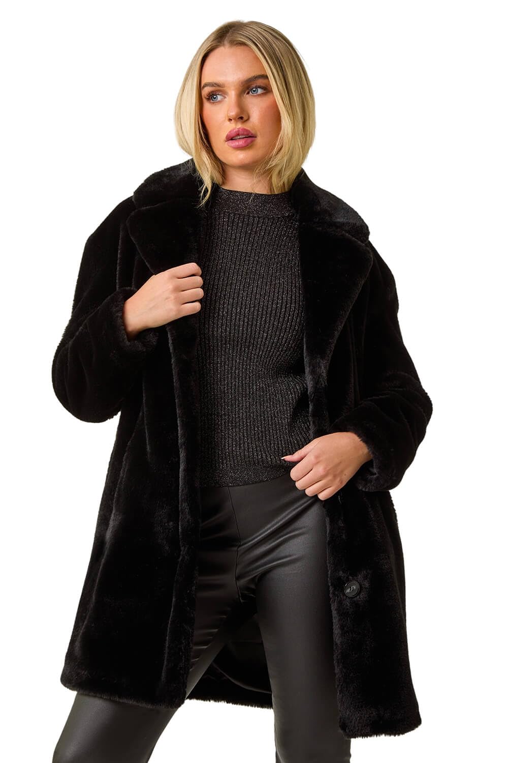 Roman Originals Women Faux Fur Coat - Ladies Jackets Teddy Bear Plush Casual Soft Fluffy Textured Oversized Warm Cosy Autumn Winter Flattering - Petite Black - Size 18